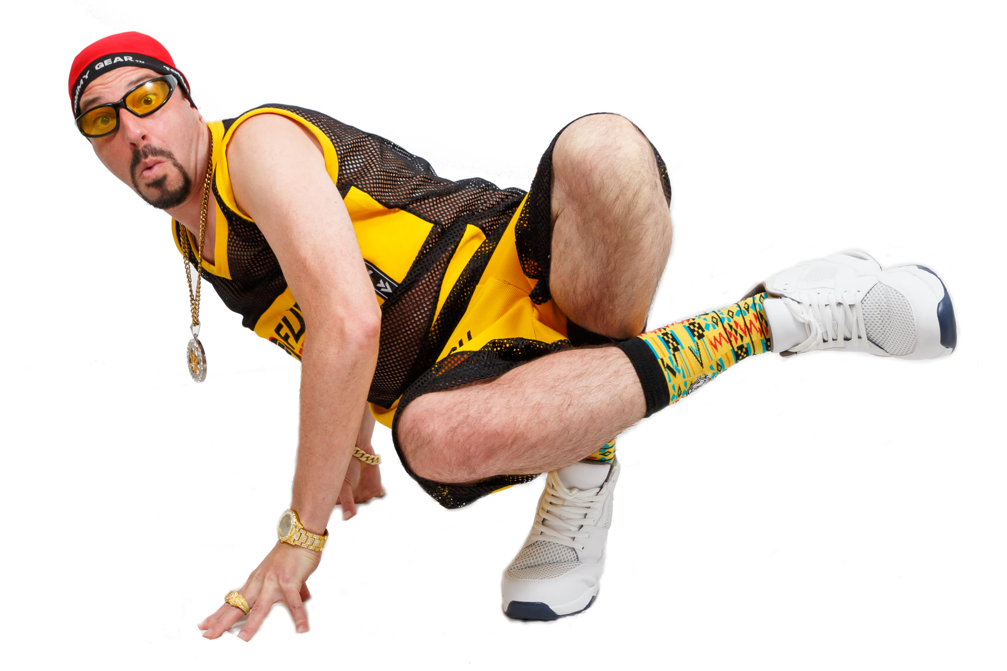 Dani B as Ali G crouching