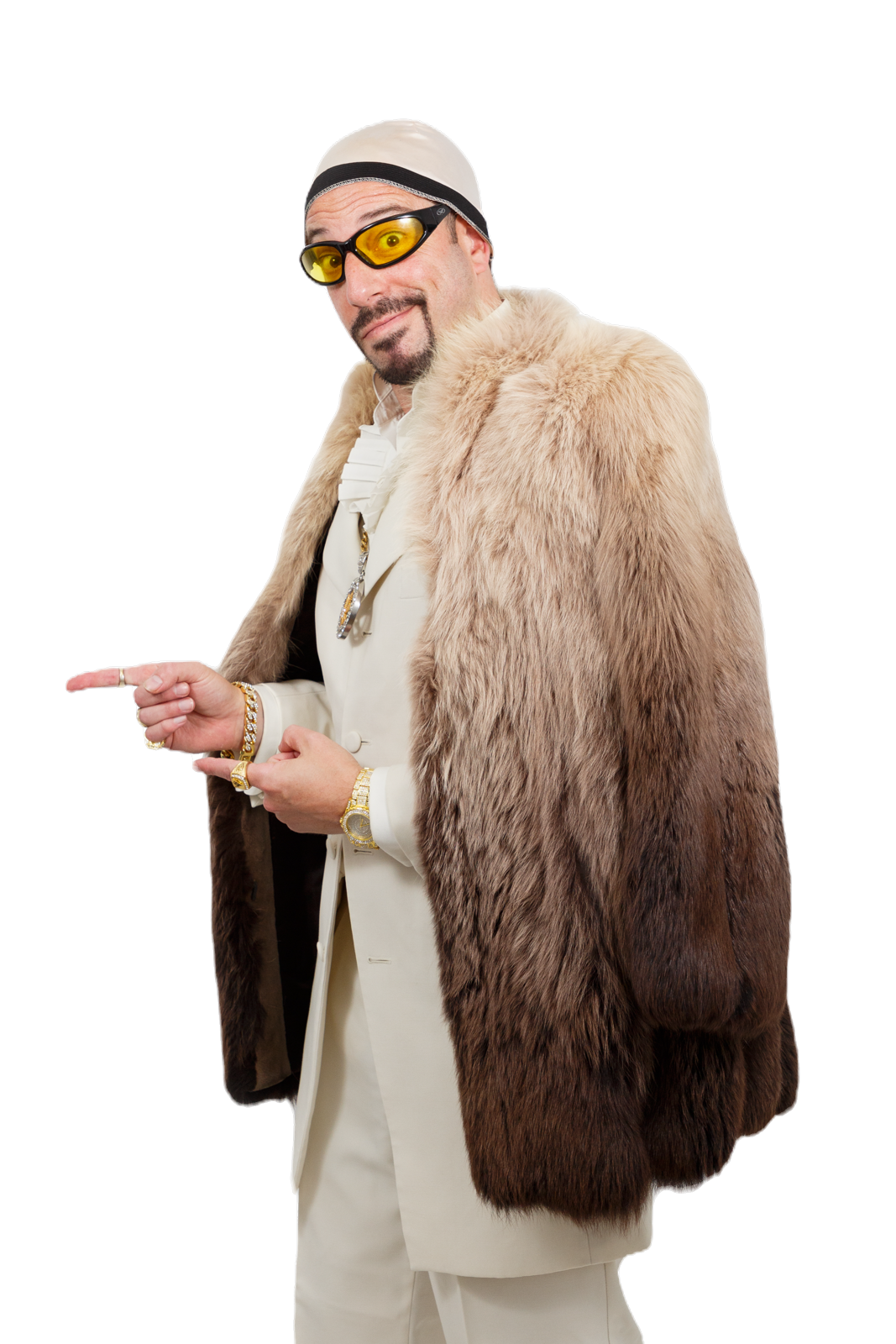 Dani B as Ali G pointing in the fur coat